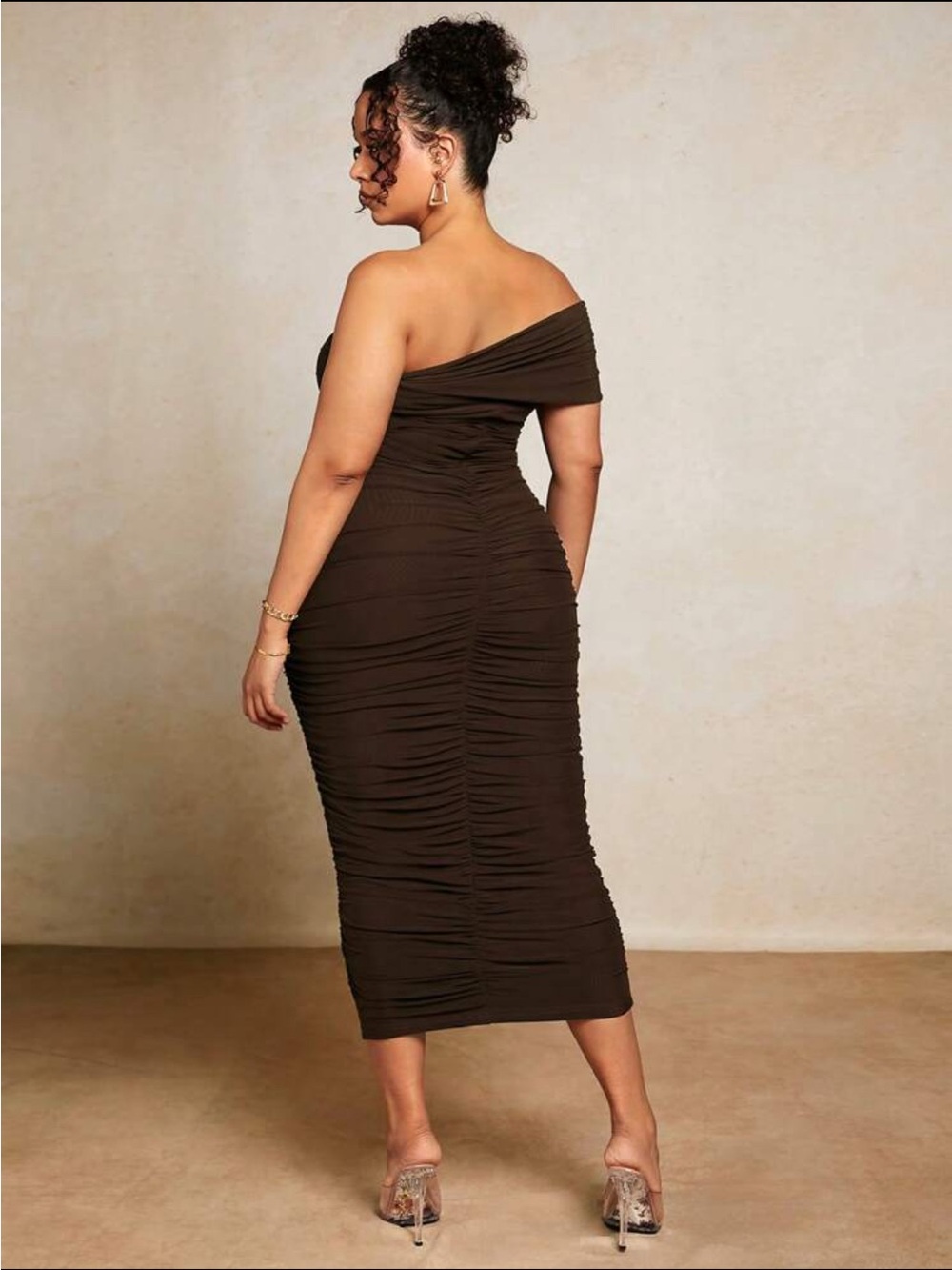 SHEIN One-Shoulder Ruched Midi Dress in Brown - Picture 2 of 2